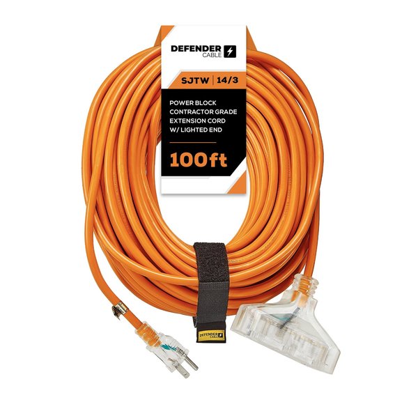 Defender Cable 14/3 Gauge, 100 ft SJTW POWERBLOCK w Lighted End, UL and ETL Listed  Extension Cord DCE-211-65